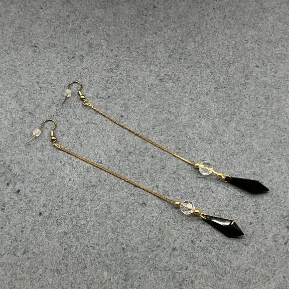 Long Dangle Pierced Earrings Gold Chain Faceted Crystal Black Diamond Drop - Picture 4 of 5